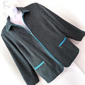 BOB MACKIE STUDIO! AQUA, BLACK, YELLOW STITCH STRIPED, SATIN LINED JACKET!SZ 28W